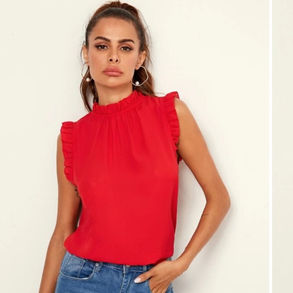 New Ruffle Trim Red Blouse